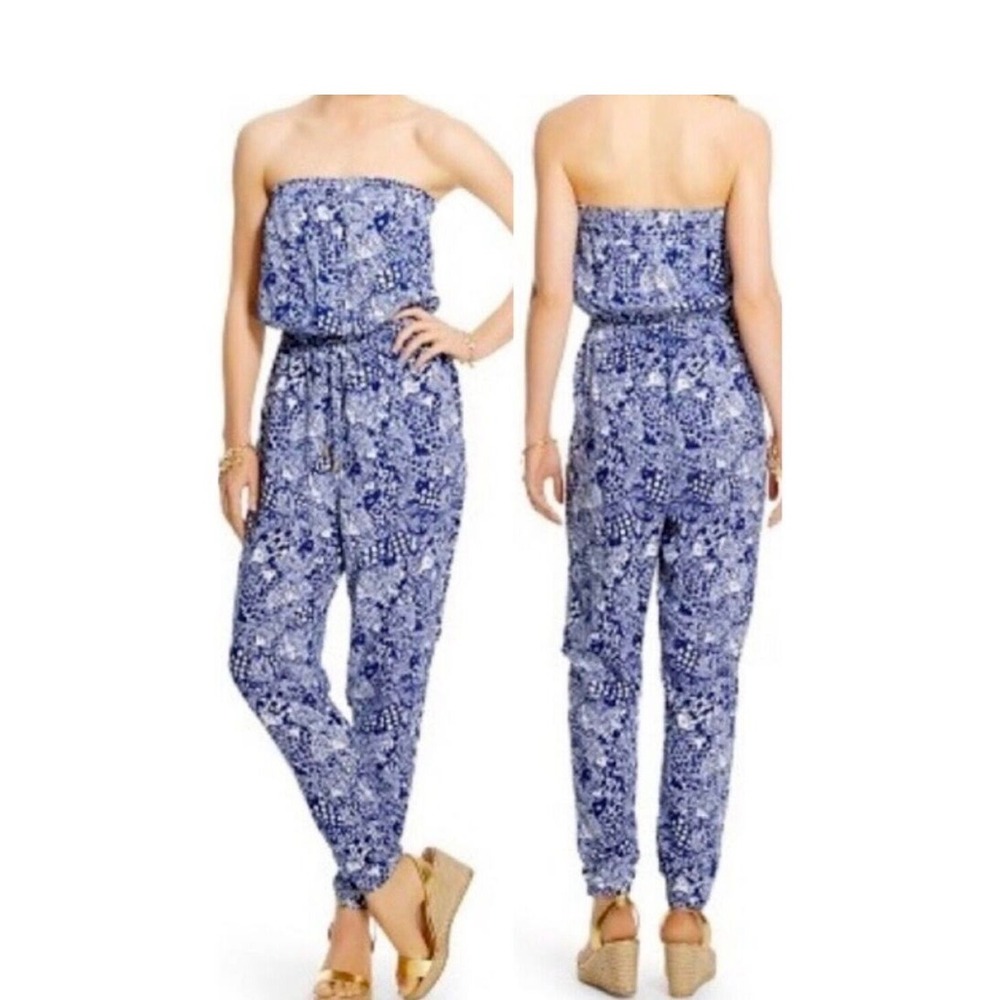 Lilly Pulitzer Target Blue White Fish Print Strapless Jumpsuit XS Smocked Waist